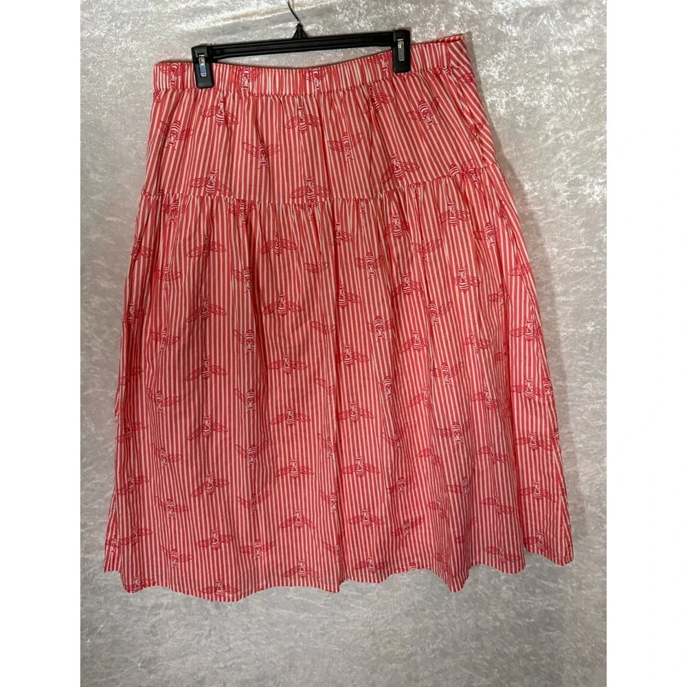 Red‎ White Striped Bee Print Button Front Tiered Midi Skirt Womens